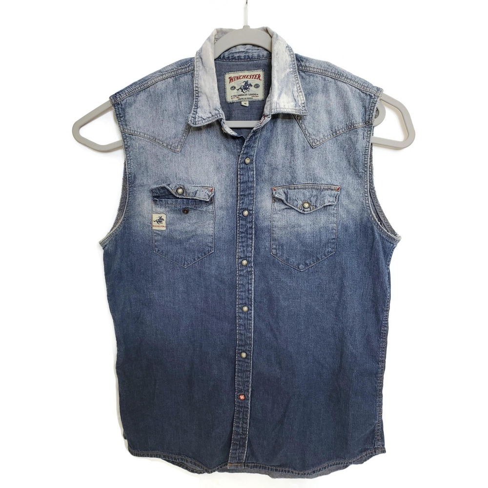 Winchester Denim Vest Mens Medium‎ Sleeveless Western Snap Button Cowboy Shirt